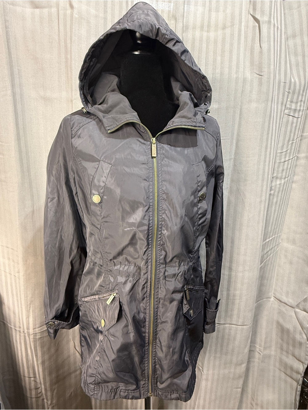 Michael Kors Black Hooded Anorak Rain Jacket Small Gold Hardware Cinched Waist